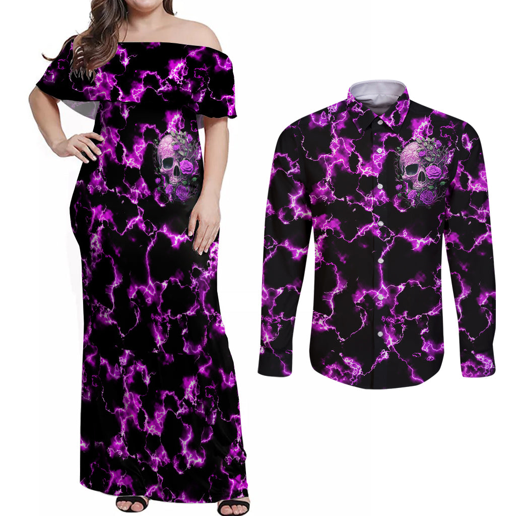 Rose Skull Couples Matching Off Shoulder Maxi Dress and Long Sleeve Button Shirts She Whispered Back I am The Storm - Wonder Print Shop