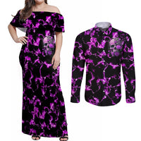 Rose Skull Couples Matching Off Shoulder Maxi Dress and Long Sleeve Button Shirts She Whispered Back I am The Storm - Wonder Print Shop