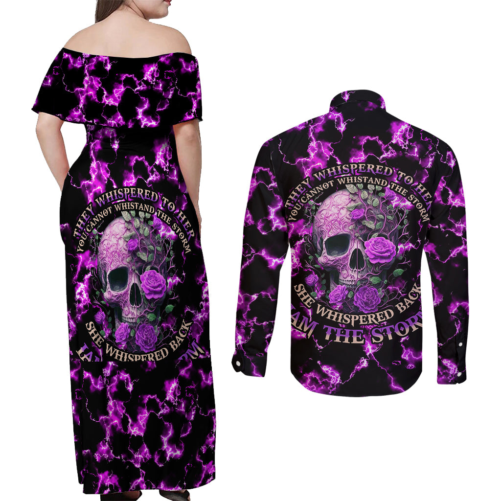 Rose Skull Couples Matching Off Shoulder Maxi Dress and Long Sleeve Button Shirts She Whispered Back I am The Storm - Wonder Print Shop