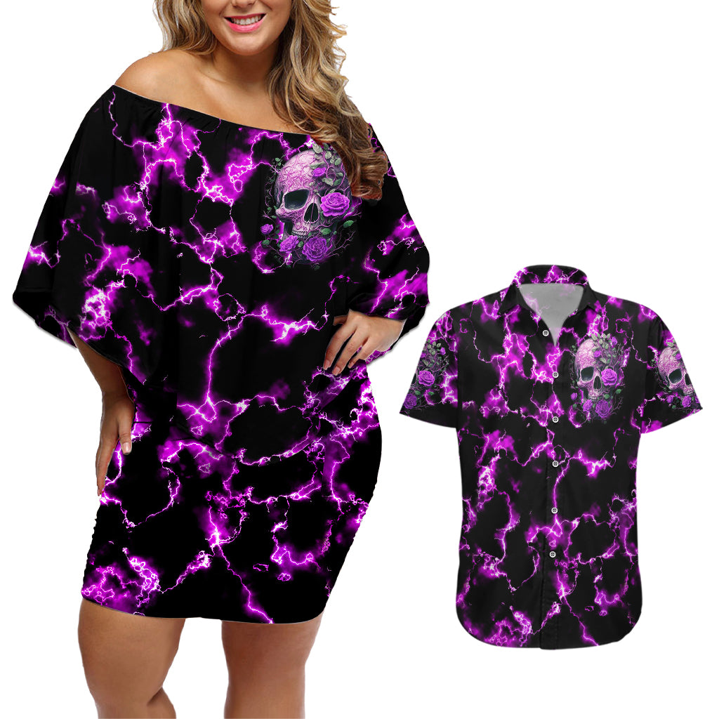 Rose Skull Couples Matching Off Shoulder Short Dress and Hawaiian Shirt She Whispered Back I am The Storm - Wonder Print Shop