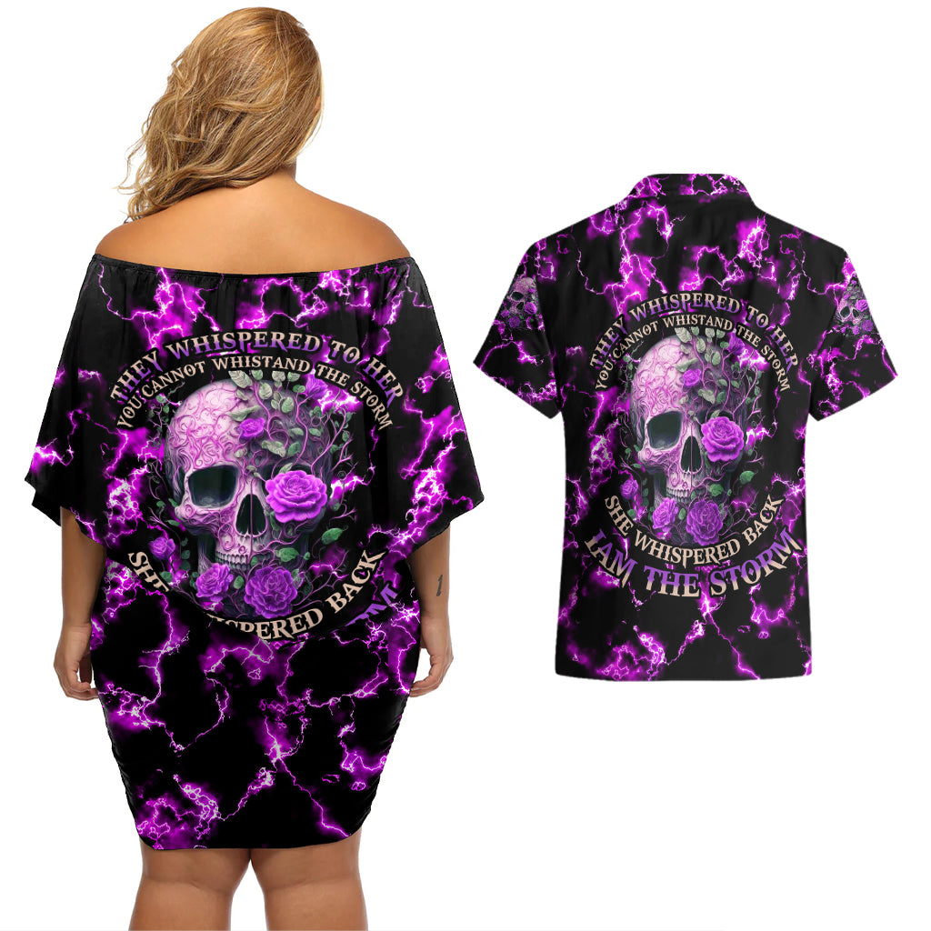 Rose Skull Couples Matching Off Shoulder Short Dress and Hawaiian Shirt She Whispered Back I am The Storm - Wonder Print Shop