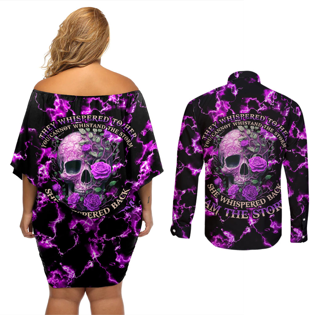 Rose Skull Couples Matching Off Shoulder Short Dress and Long Sleeve Button Shirts She Whispered Back I am The Storm - Wonder Print Shop