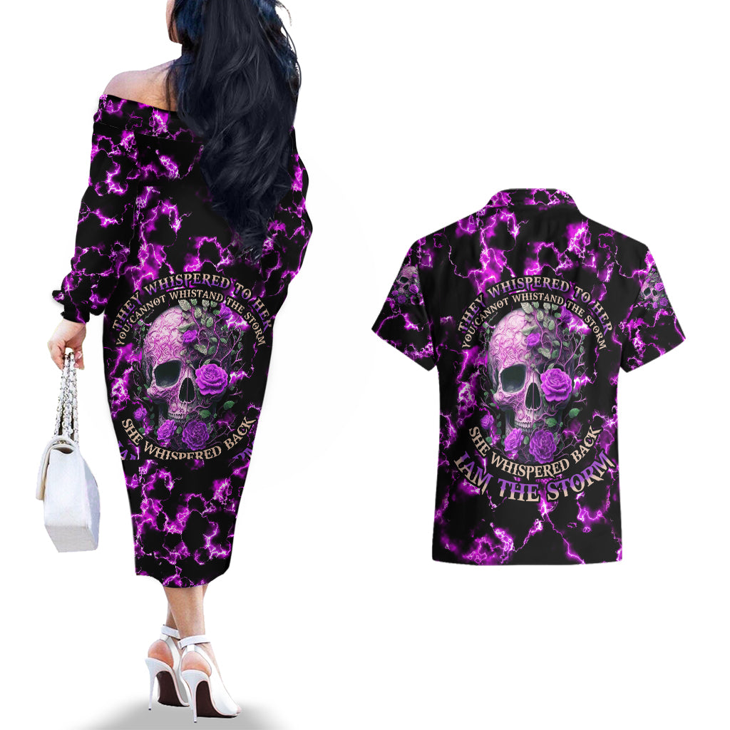 Rose Skull Couples Matching Off The Shoulder Long Sleeve Dress and Hawaiian Shirt She Whispered Back I am The Storm - Wonder Print Shop