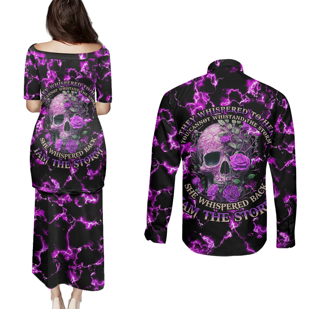 Rose Skull Couples Matching Puletasi Dress and Long Sleeve Button Shirts She Whispered Back I am The Storm - Wonder Print Shop