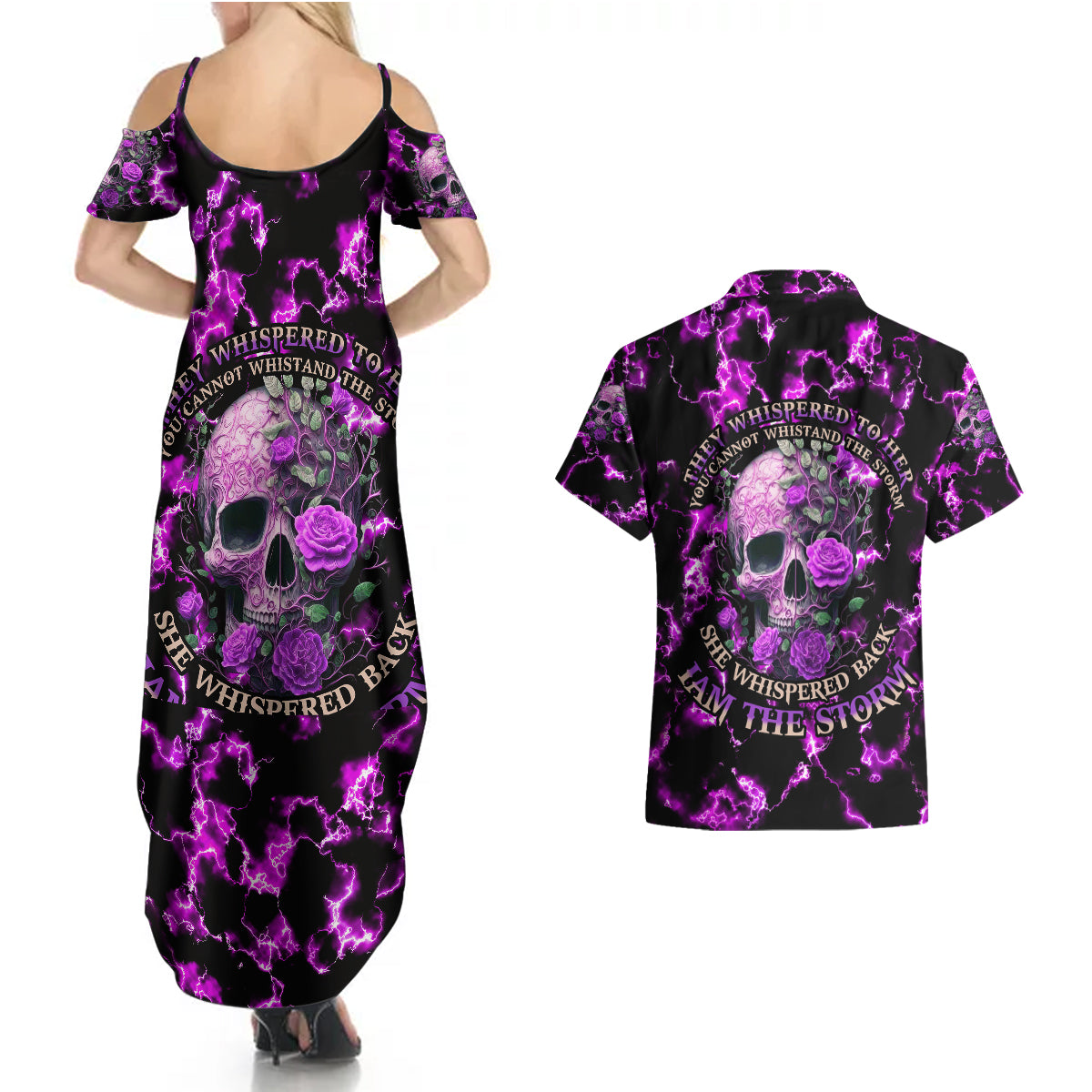 Rose Skull Couples Matching Summer Maxi Dress and Hawaiian Shirt She Whispered Back I am The Storm - Wonder Print Shop