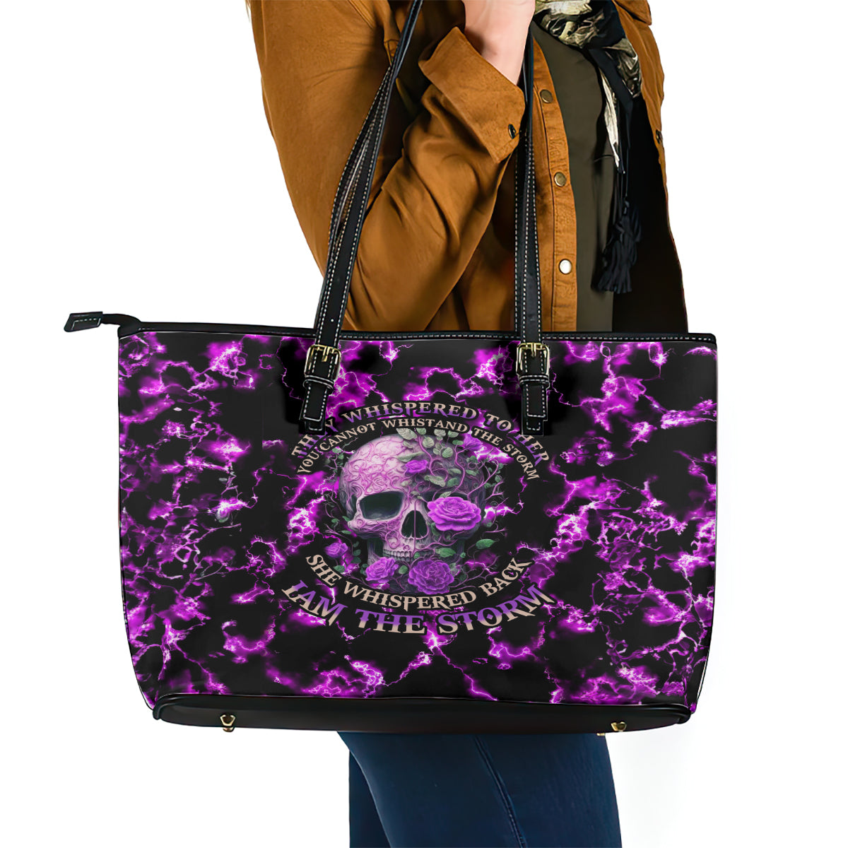 Rose Skull Leather Tote Bag She Whispered Back I am The Storm - Wonder Print Shop