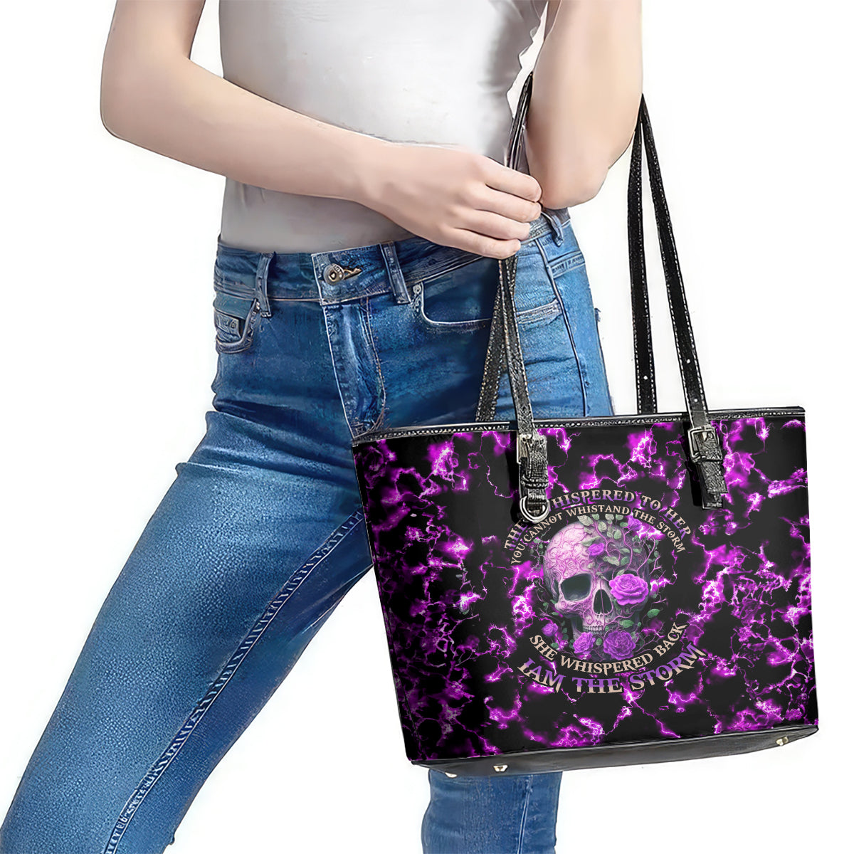 Rose Skull Leather Tote Bag She Whispered Back I am The Storm - Wonder Print Shop