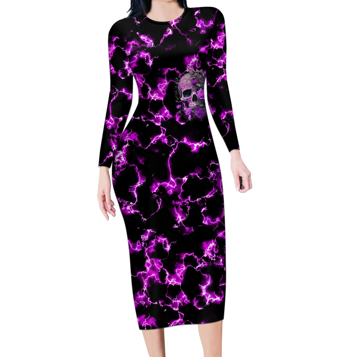 Rose Skull Long Sleeve Bodycon Dress She Whispered Back I am The Storm - Wonder Print Shop