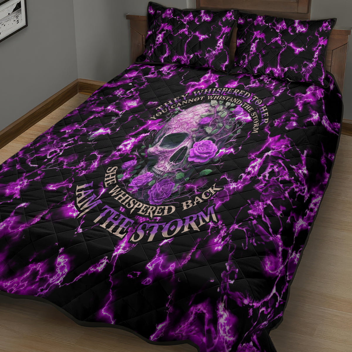 Rose Skull Quilt Bed Set She Whispered Back I am The Storm - Wonder Print Shop