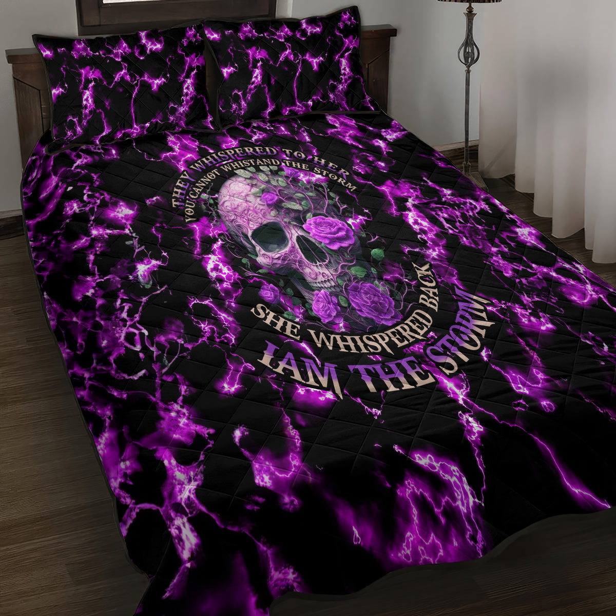 Rose Skull Quilt Bed Set She Whispered Back I am The Storm - Wonder Print Shop