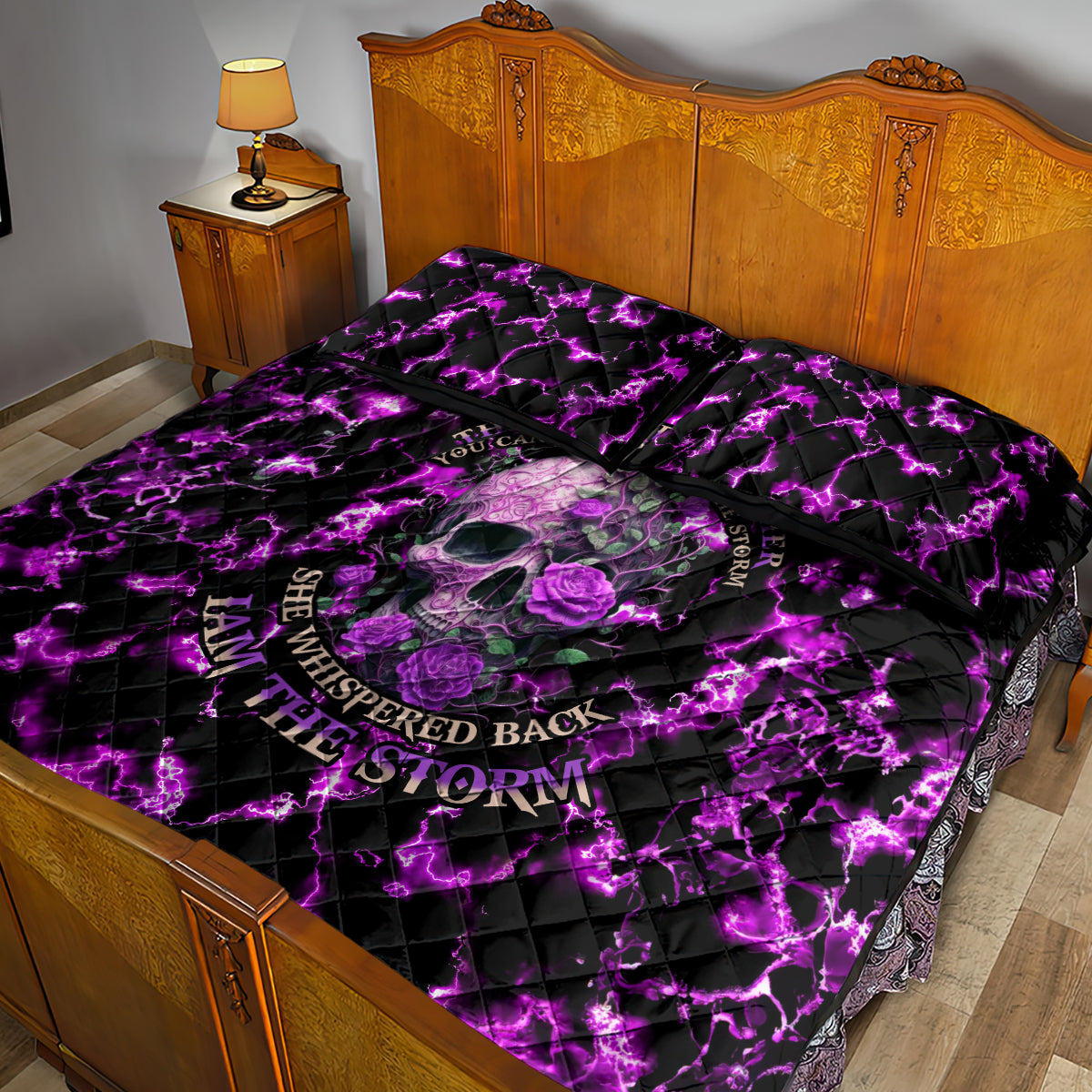 Rose Skull Quilt Bed Set She Whispered Back I am The Storm - Wonder Print Shop