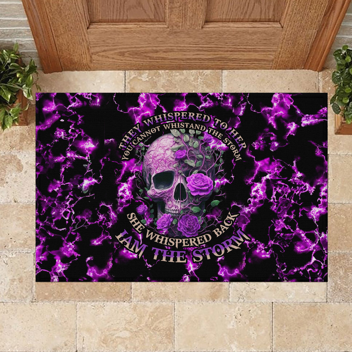 Rose Skull Rubber Doormat She Whispered Back I am The Storm - Wonder Print Shop