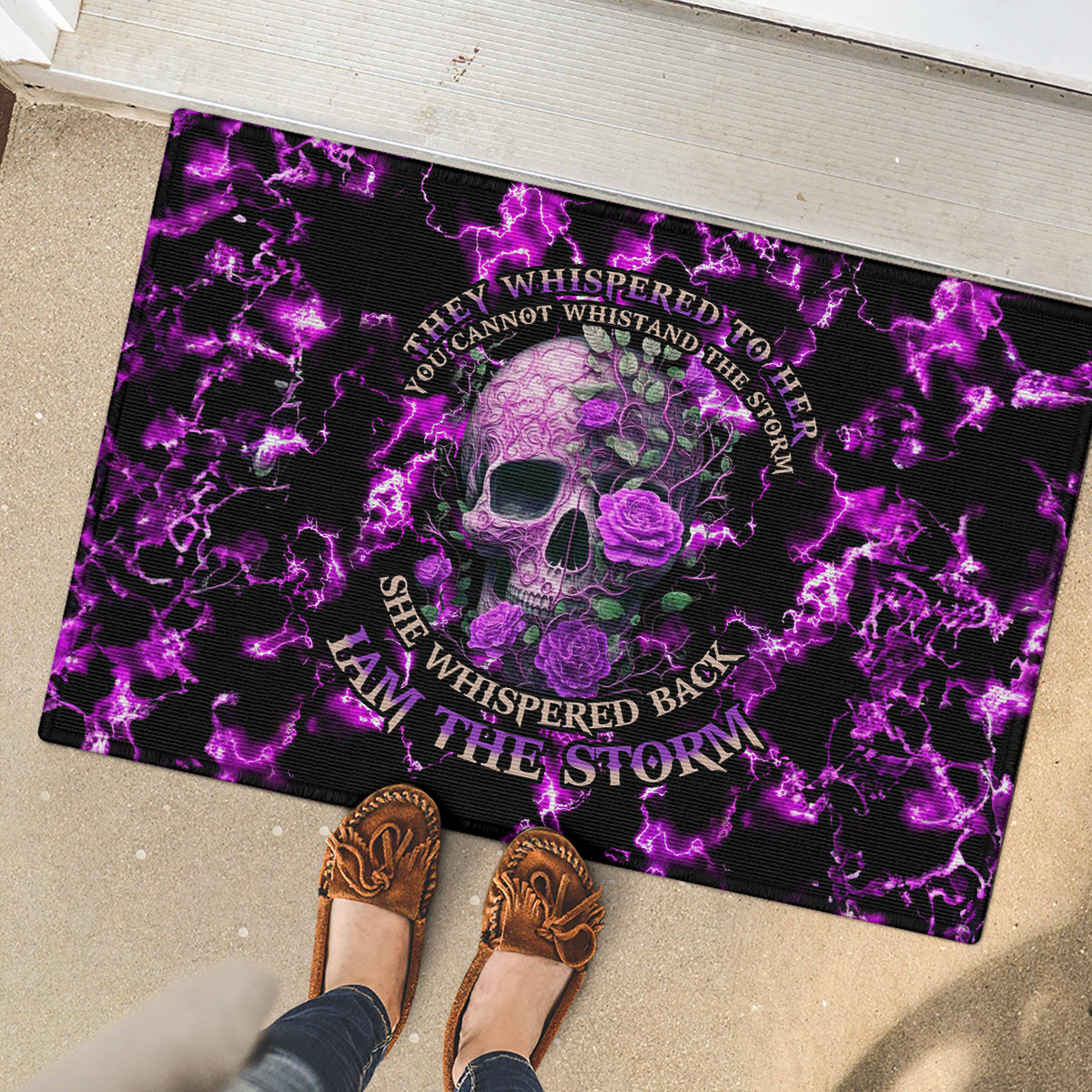 Rose Skull Rubber Doormat She Whispered Back I am The Storm - Wonder Print Shop
