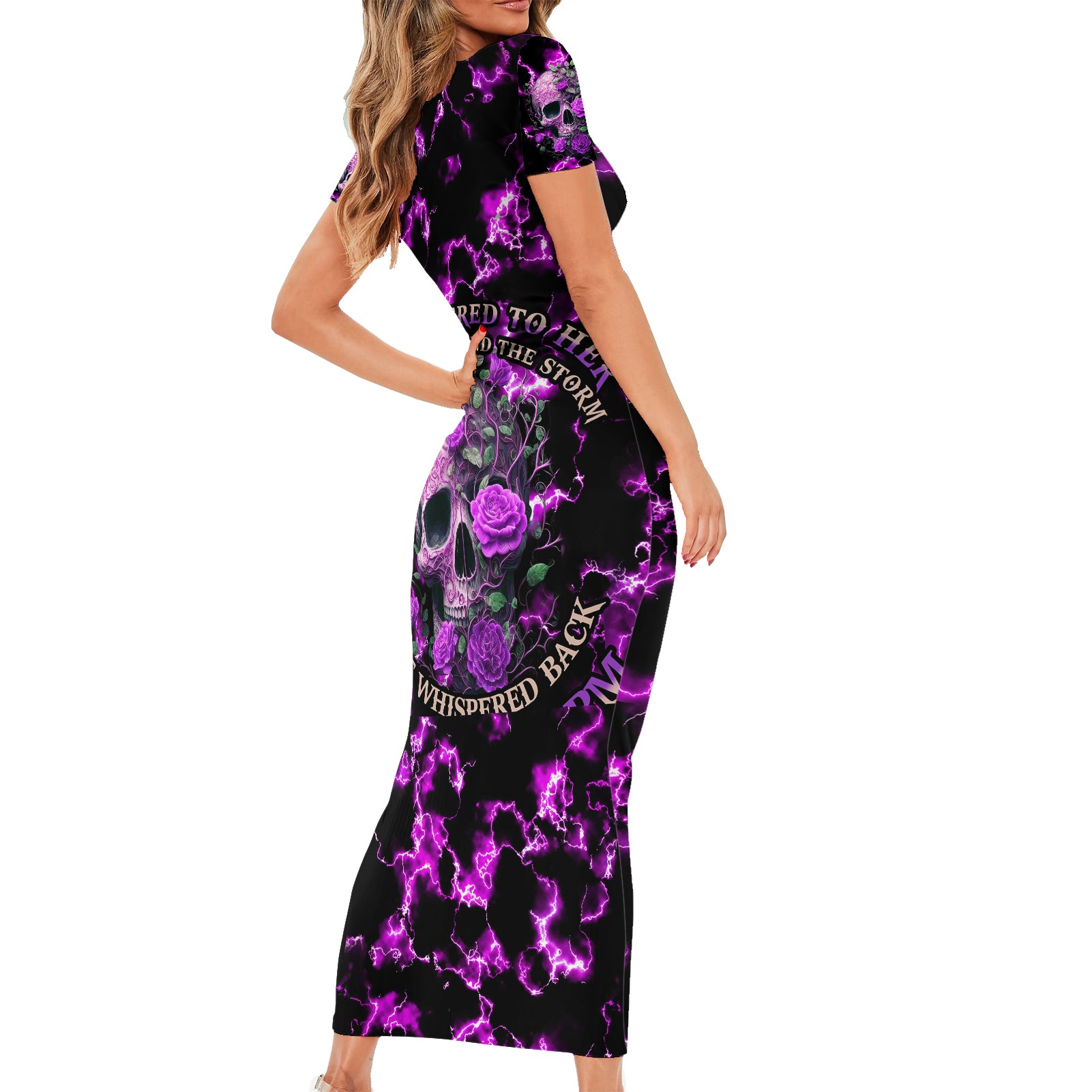 Rose Skull Short Sleeve Bodycon Dress She Whispered Back I am The Storm - Wonder Print Shop