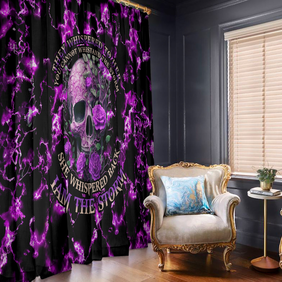 Rose Skull Window Curtain She Whispered Back I am The Storm - Wonder Print Shop