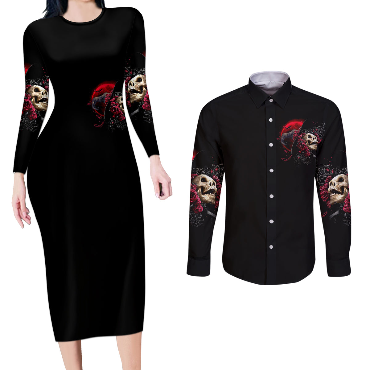 Witch Skull Couples Matching Long Sleeve Bodycon Dress and Long Sleeve Button Shirts In A World Full Of Princess Be A Witch - Wonder Print Shop