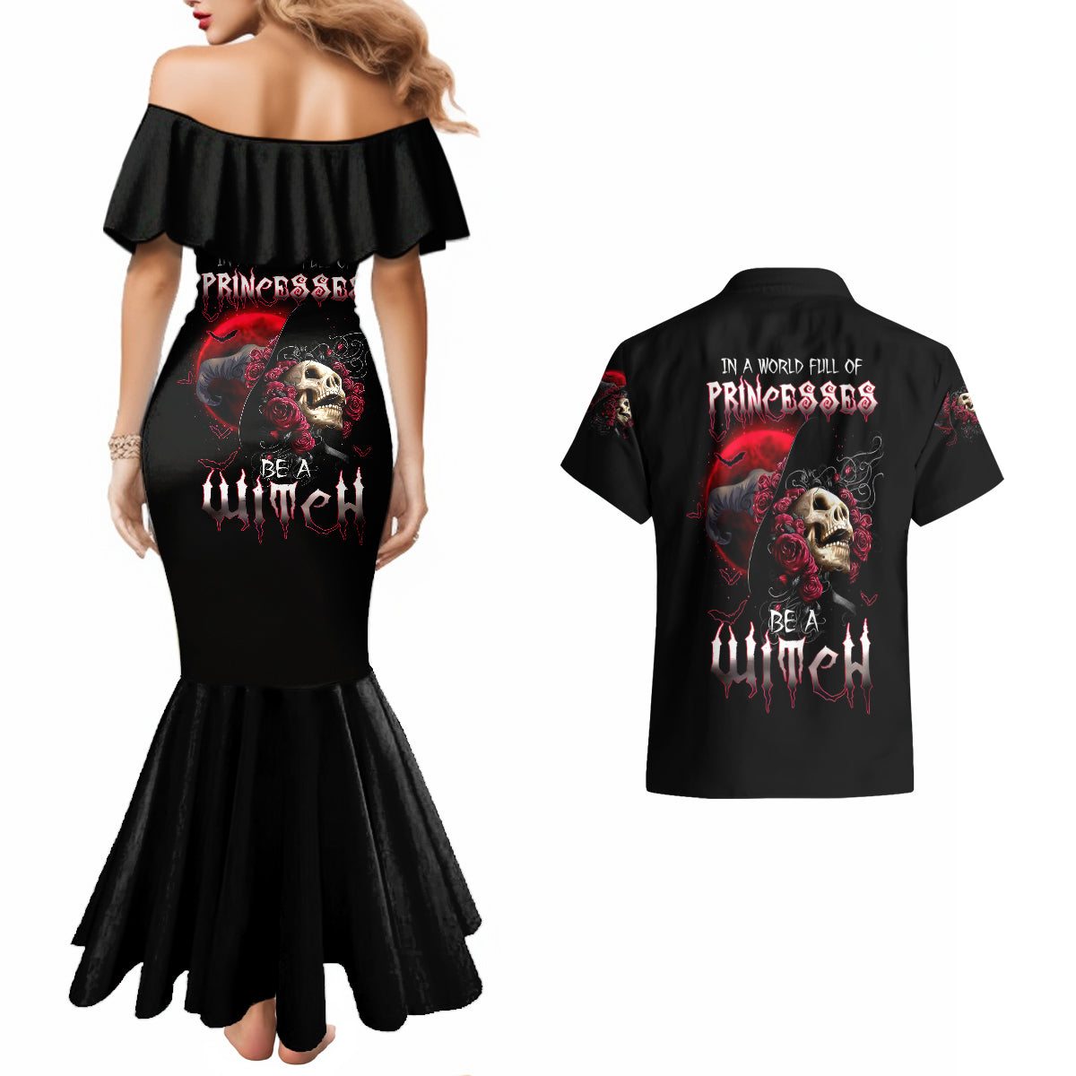 Witch Skull Couples Matching Mermaid Dress and Hawaiian Shirt In A World Full Of Princess Be A Witch - Wonder Print Shop