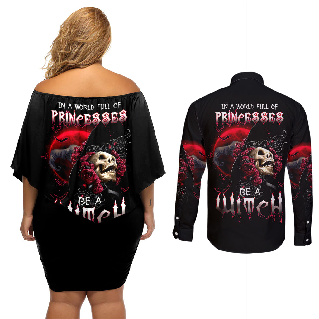 Witch Skull Couples Matching Off Shoulder Short Dress and Long Sleeve Button Shirts In A World Full Of Princess Be A Witch - Wonder Print Shop