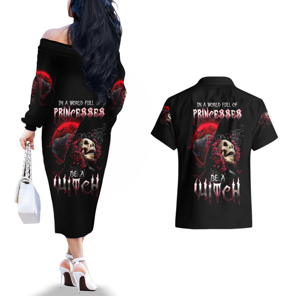 Witch Skull Couples Matching Off The Shoulder Long Sleeve Dress and Hawaiian Shirt In A World Full Of Princess Be A Witch - Wonder Print Shop