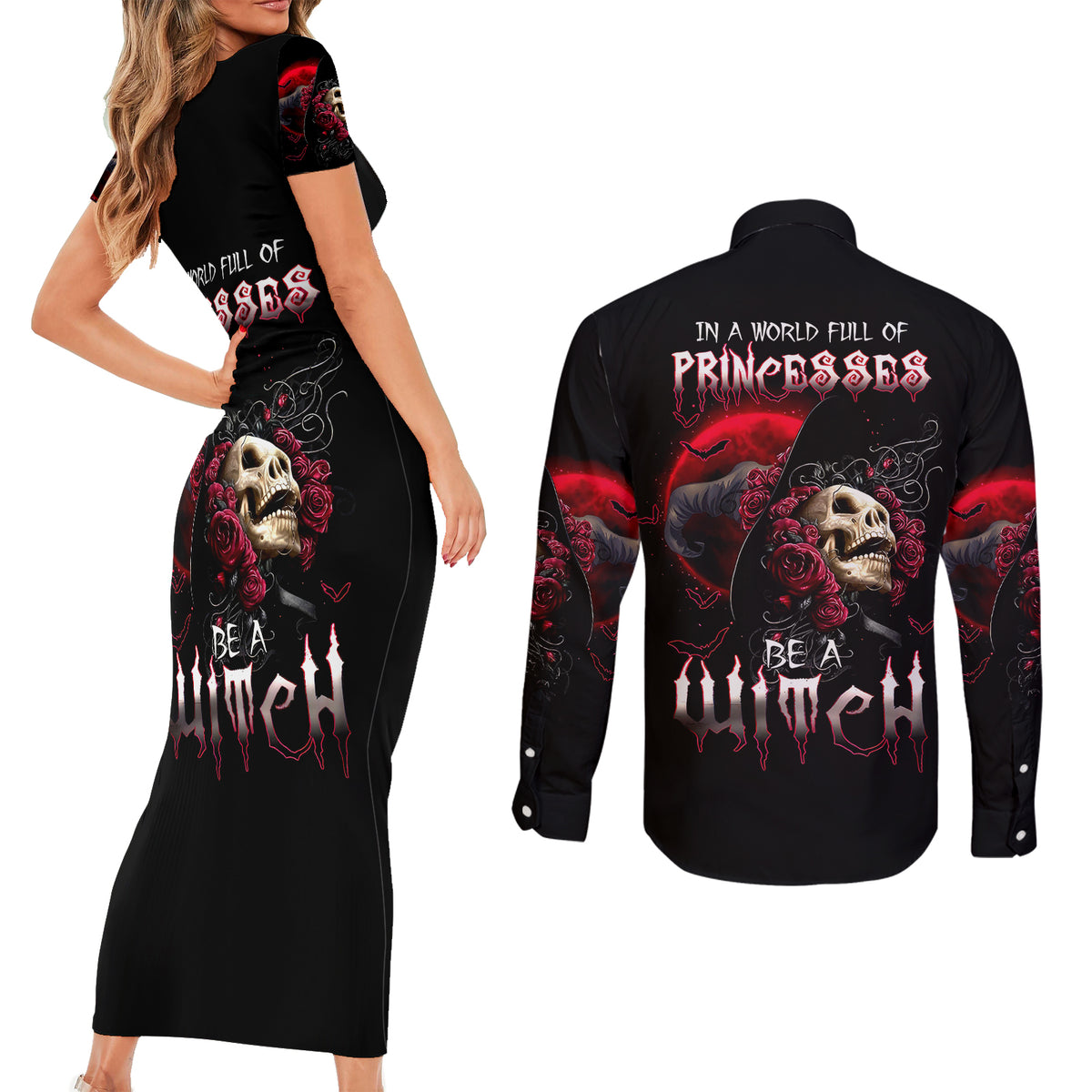 Witch Skull Couples Matching Short Sleeve Bodycon Dress and Long Sleeve Button Shirts In A World Full Of Princess Be A Witch - Wonder Print Shop
