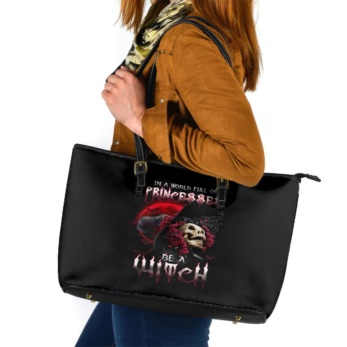 Witch Skull Leather Tote Bag In A World Full Of Princess Be A Witch - Wonder Print Shop