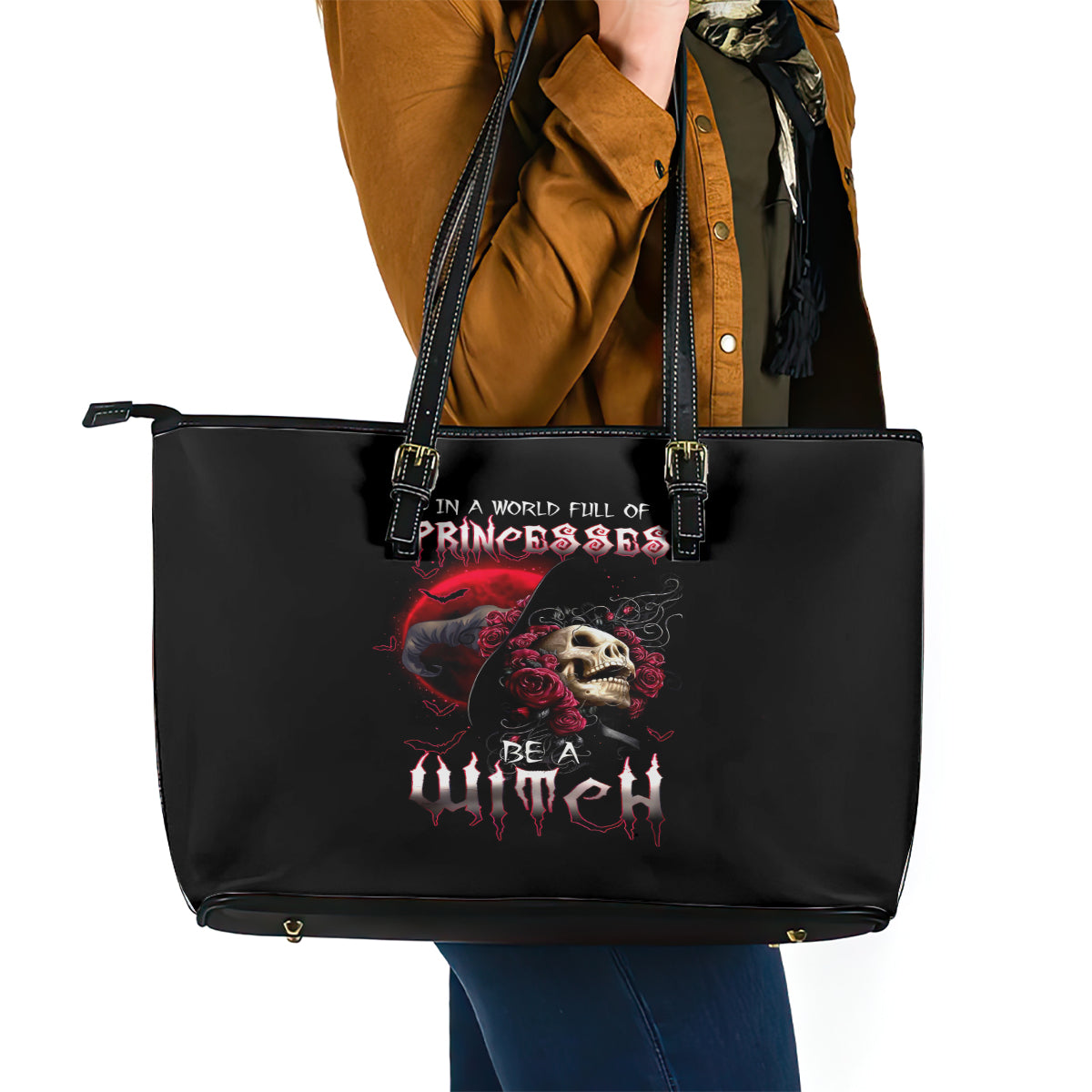 Witch Skull Leather Tote Bag In A World Full Of Princess Be A Witch - Wonder Print Shop