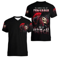 Witch Skull Women V Neck T Shirt In A World Full Of Princess Be A Witch - Wonder Print Shop