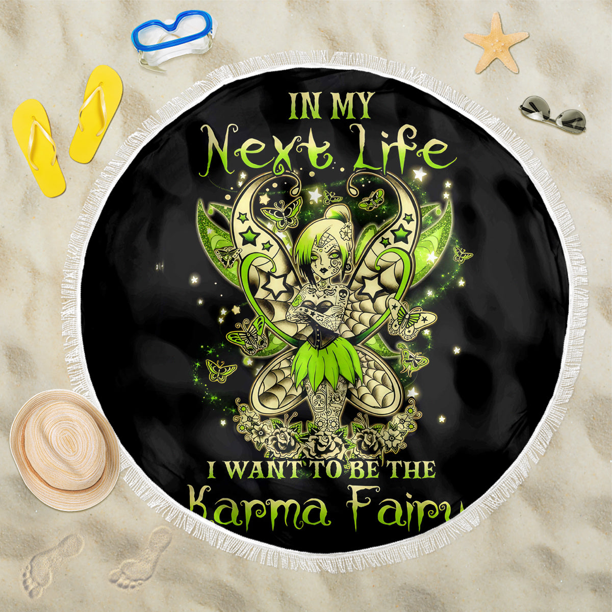 Tinker Fairy Skull Beach Blanket My Next Life I Want To Be Karma Fairy - Wonder Print Shop