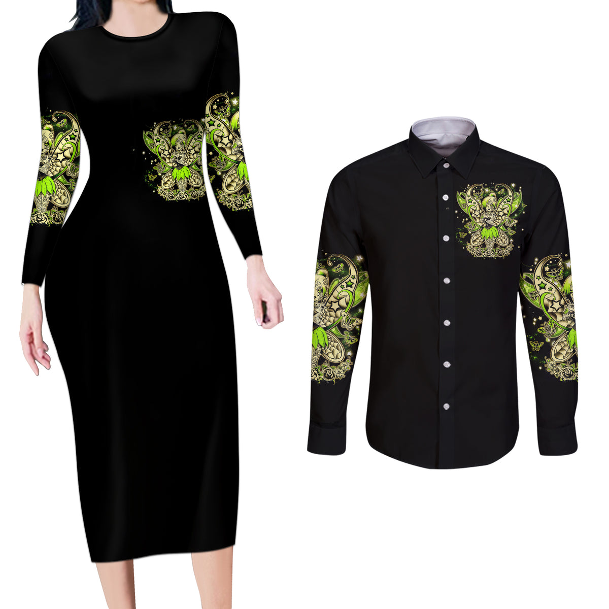 Tinker Fairy Skull Couples Matching Long Sleeve Bodycon Dress and Long Sleeve Button Shirts My Next Life I Want To Be Karma Fairy - Wonder Print Shop