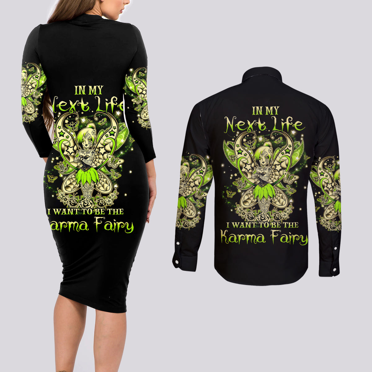 Tinker Fairy Skull Couples Matching Long Sleeve Bodycon Dress and Long Sleeve Button Shirts My Next Life I Want To Be Karma Fairy - Wonder Print Shop