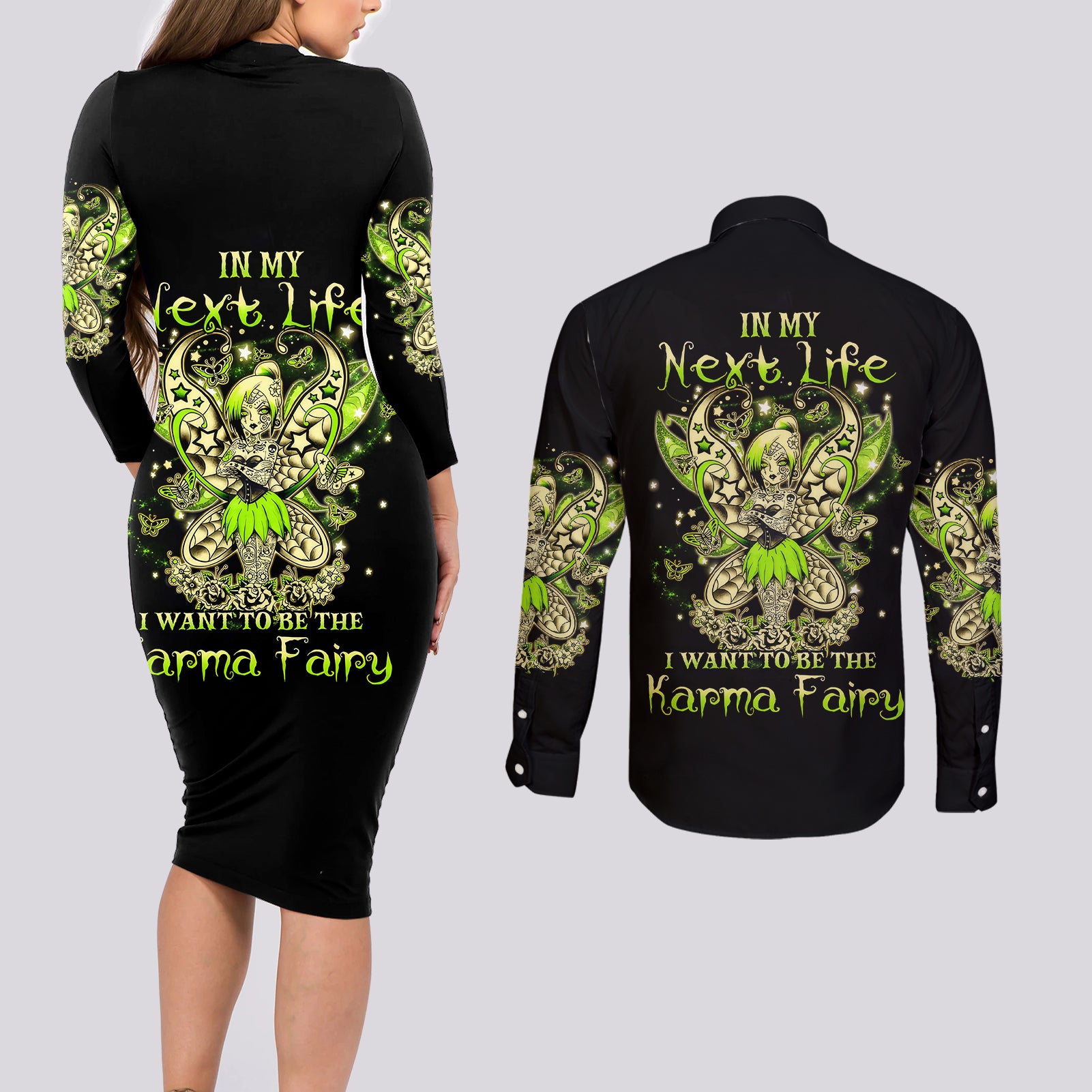 Tinker Fairy Skull Couples Matching Long Sleeve Bodycon Dress and Long Sleeve Button Shirts My Next Life I Want To Be Karma Fairy - Wonder Print Shop