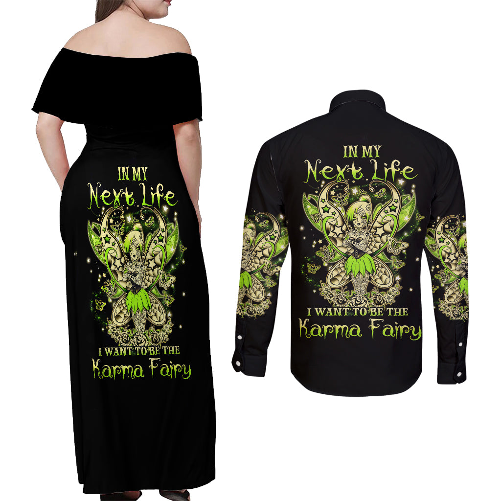 Tinker Fairy Skull Couples Matching Off Shoulder Maxi Dress and Long Sleeve Button Shirts My Next Life I Want To Be Karma Fairy - Wonder Print Shop