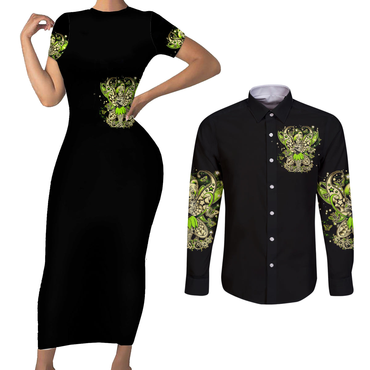Tinker Fairy Skull Couples Matching Short Sleeve Bodycon Dress and Long Sleeve Button Shirts My Next Life I Want To Be Karma Fairy - Wonder Print Shop