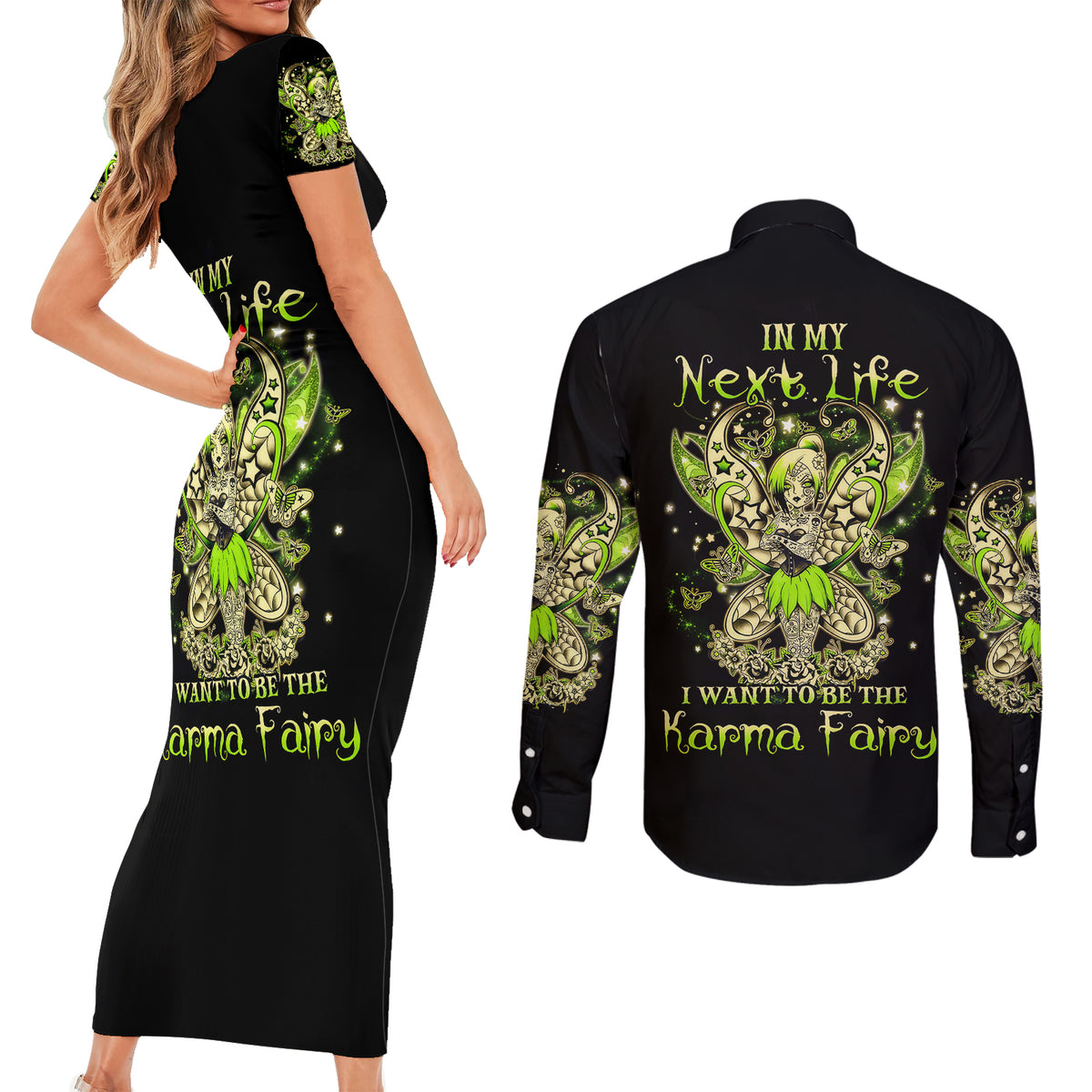 Tinker Fairy Skull Couples Matching Short Sleeve Bodycon Dress and Long Sleeve Button Shirts My Next Life I Want To Be Karma Fairy - Wonder Print Shop