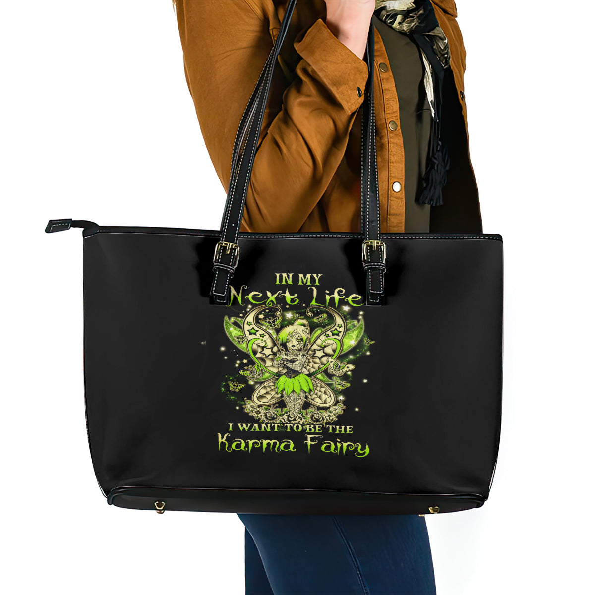 Tinker Fairy Skull Leather Tote Bag My Next Life I Want To Be Karma Fairy - Wonder Print Shop