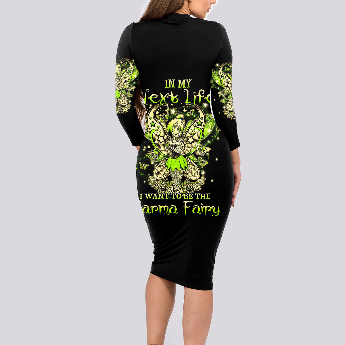Tinker Fairy Skull Long Sleeve Bodycon Dress My Next Life I Want To Be Karma Fairy - Wonder Print Shop