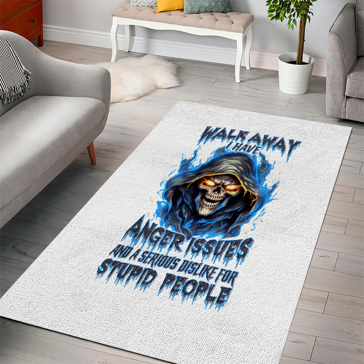 Death Skull Area Rug Walk Away I Have Anger Issues And Dislike For Stupod People - Wonder Print Shop