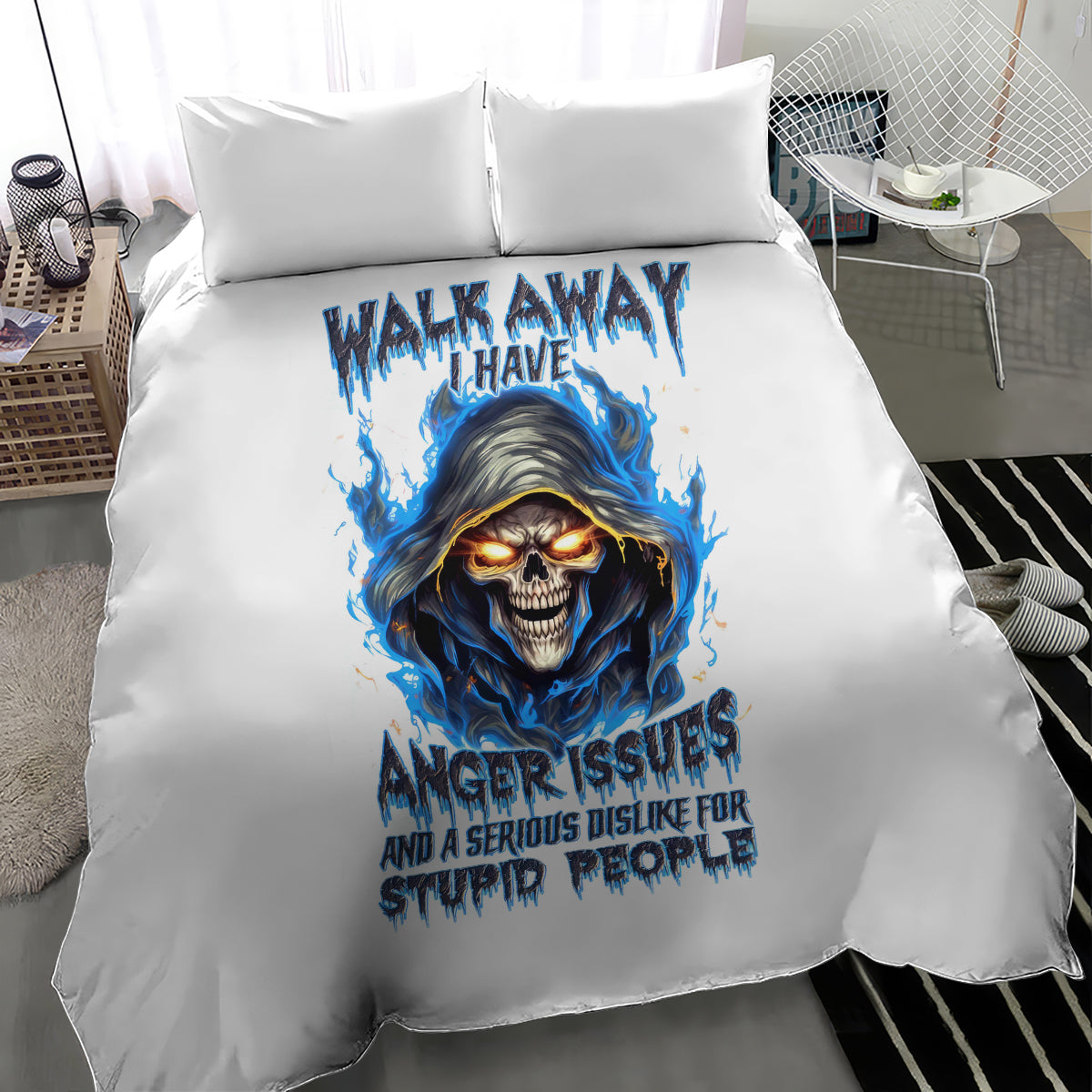 Death Skull Bedding Set Walk Away I Have Anger Issues And Dislike For Stupod People - Wonder Print Shop