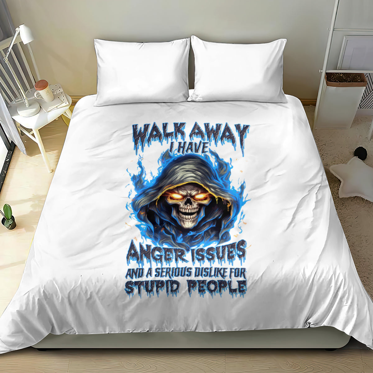 Death Skull Bedding Set Walk Away I Have Anger Issues And Dislike For Stupod People - Wonder Print Shop
