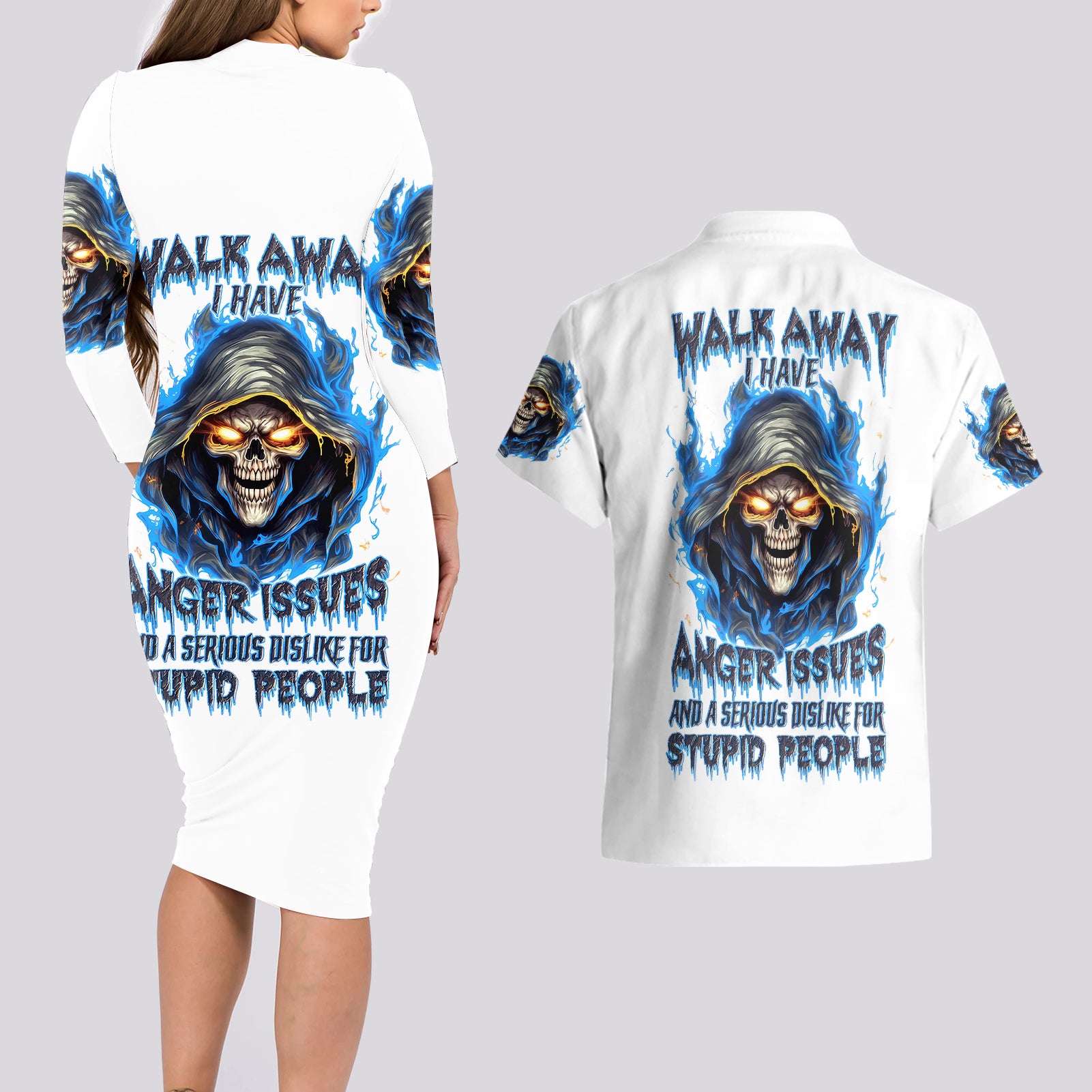 Death Skull Couples Matching Long Sleeve Bodycon Dress and Hawaiian Shirt Walk Away I Have Anger Issues And Dislike For Stupod People - Wonder Print Shop
