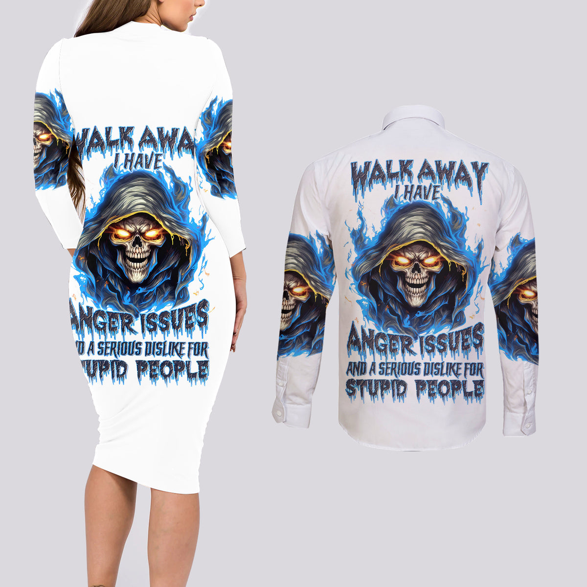 Death Skull Couples Matching Long Sleeve Bodycon Dress and Long Sleeve Button Shirts Walk Away I Have Anger Issues And Dislike For Stupod People - Wonder Print Shop