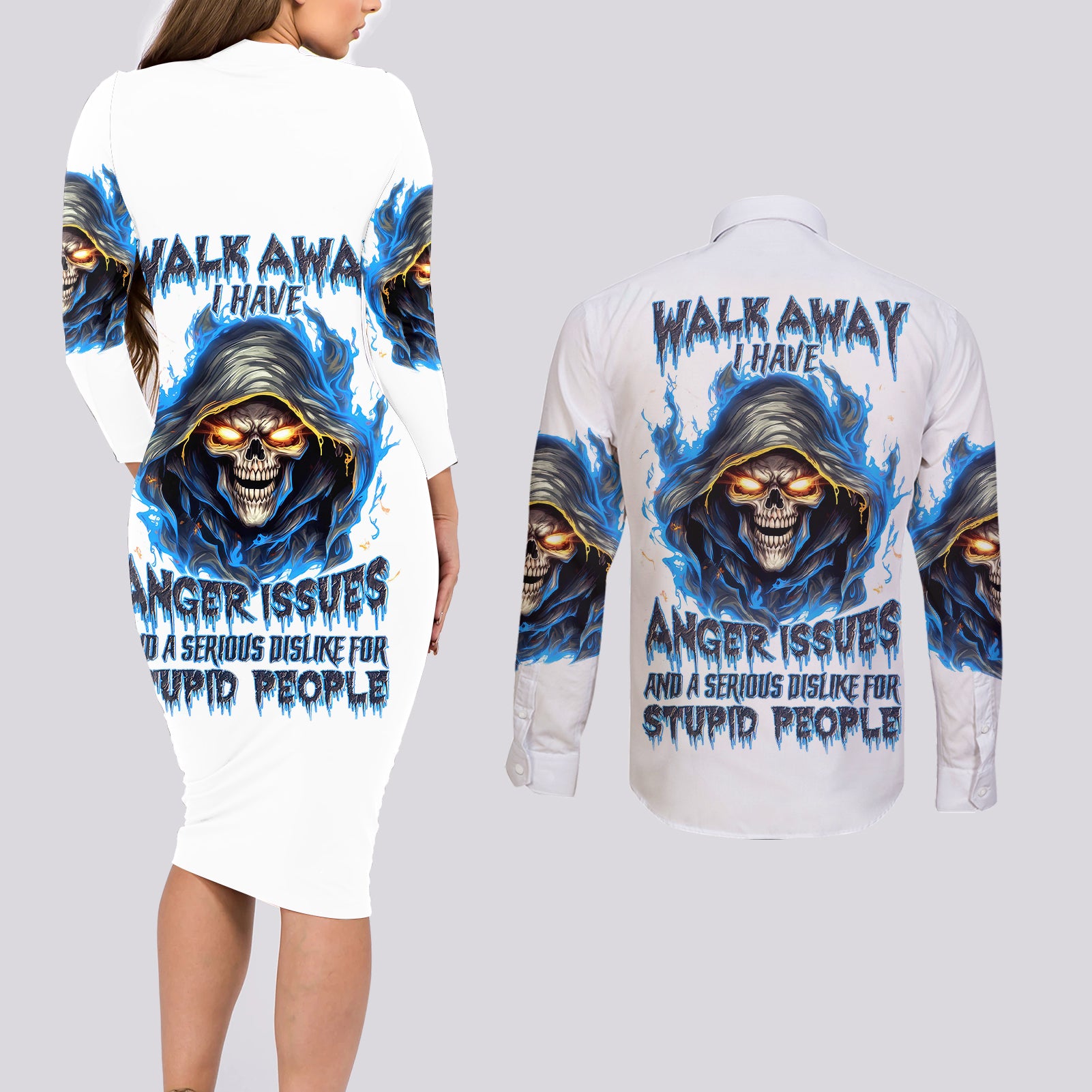 Death Skull Couples Matching Long Sleeve Bodycon Dress and Long Sleeve Button Shirts Walk Away I Have Anger Issues And Dislike For Stupod People - Wonder Print Shop