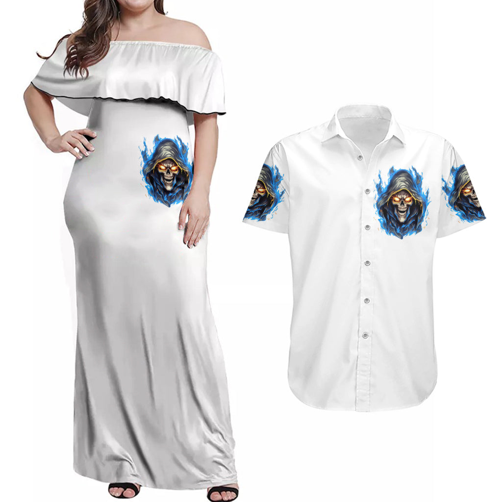 Death Skull Couples Matching Off Shoulder Maxi Dress and Hawaiian Shirt Walk Away I Have Anger Issues And Dislike For Stupod People - Wonder Print Shop