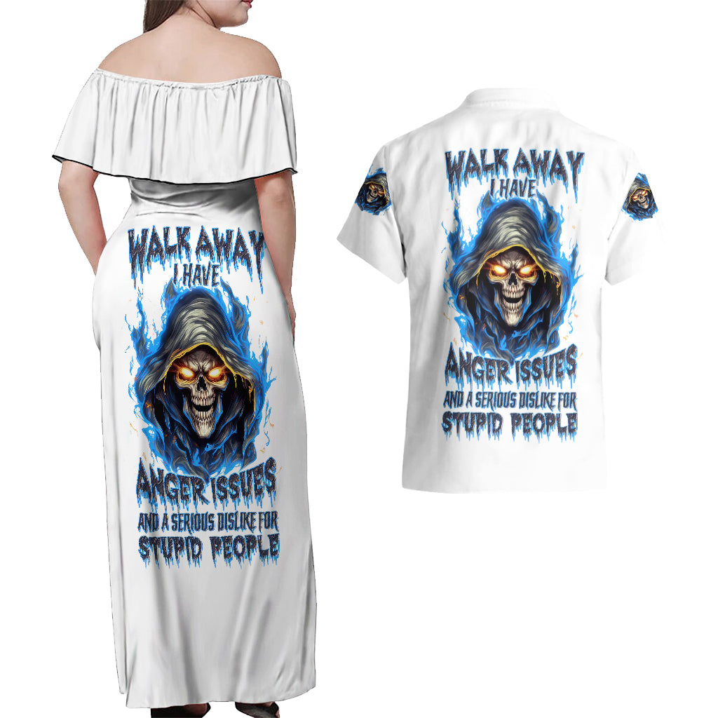 Death Skull Couples Matching Off Shoulder Maxi Dress and Hawaiian Shirt Walk Away I Have Anger Issues And Dislike For Stupod People - Wonder Print Shop