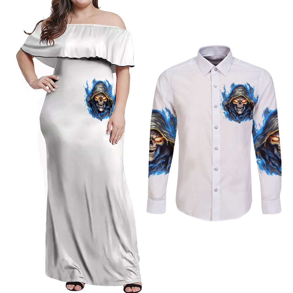 Death Skull Couples Matching Off Shoulder Maxi Dress and Long Sleeve Button Shirts Walk Away I Have Anger Issues And Dislike For Stupod People - Wonder Print Shop