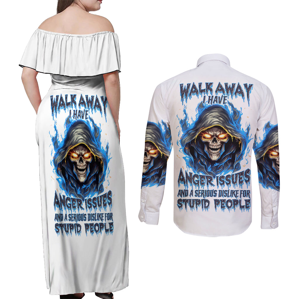 Death Skull Couples Matching Off Shoulder Maxi Dress and Long Sleeve Button Shirts Walk Away I Have Anger Issues And Dislike For Stupod People - Wonder Print Shop