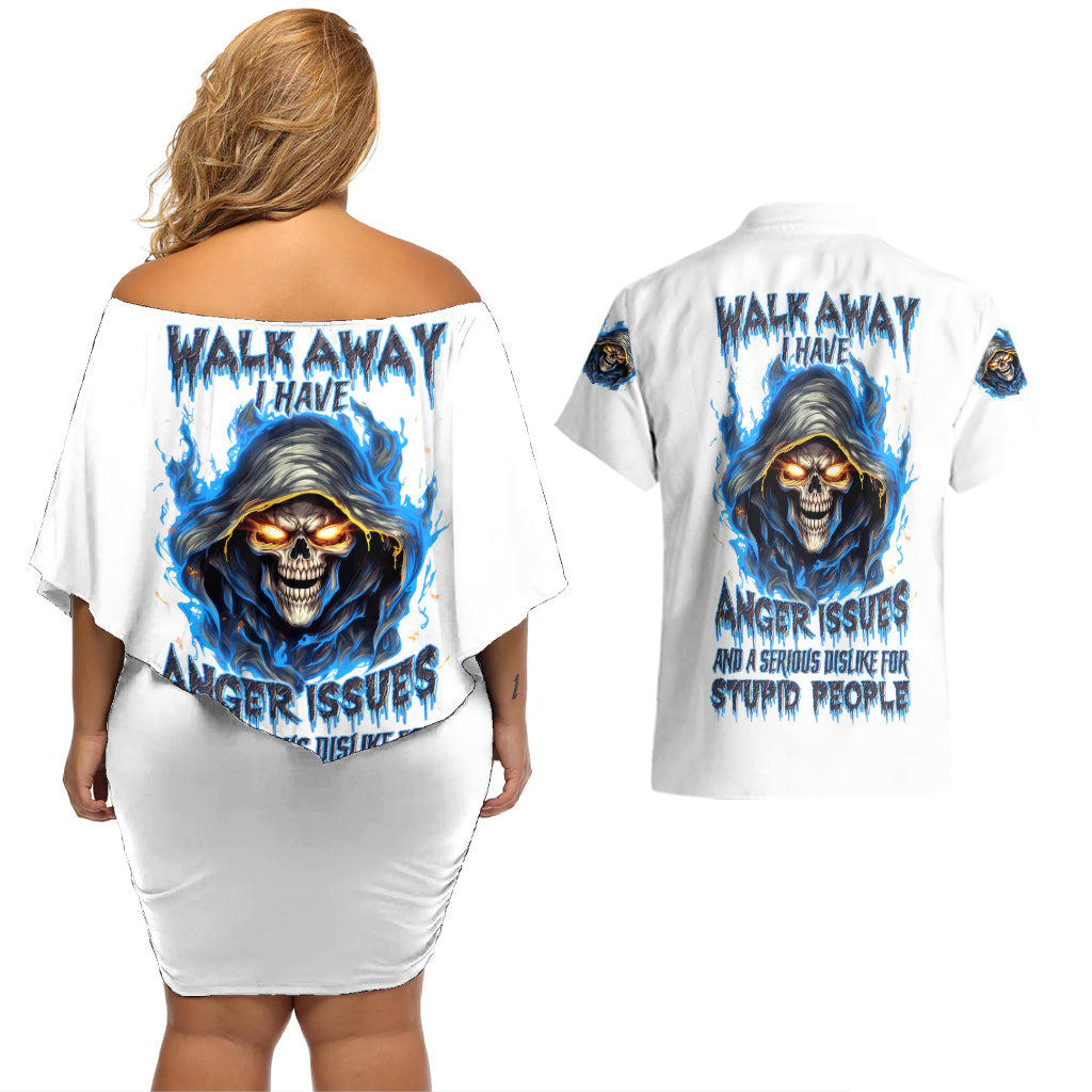 Death Skull Couples Matching Off Shoulder Short Dress and Hawaiian Shirt Walk Away I Have Anger Issues And Dislike For Stupod People - Wonder Print Shop