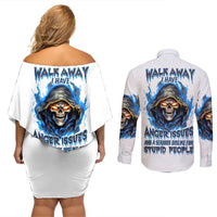 Death Skull Couples Matching Off Shoulder Short Dress and Long Sleeve Button Shirts Walk Away I Have Anger Issues And Dislike For Stupod People - Wonder Print Shop