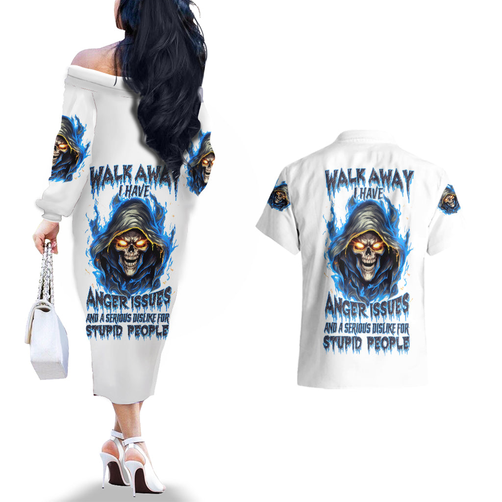 Death Skull Couples Matching Off The Shoulder Long Sleeve Dress and Hawaiian Shirt Walk Away I Have Anger Issues And Dislike For Stupod People - Wonder Print Shop