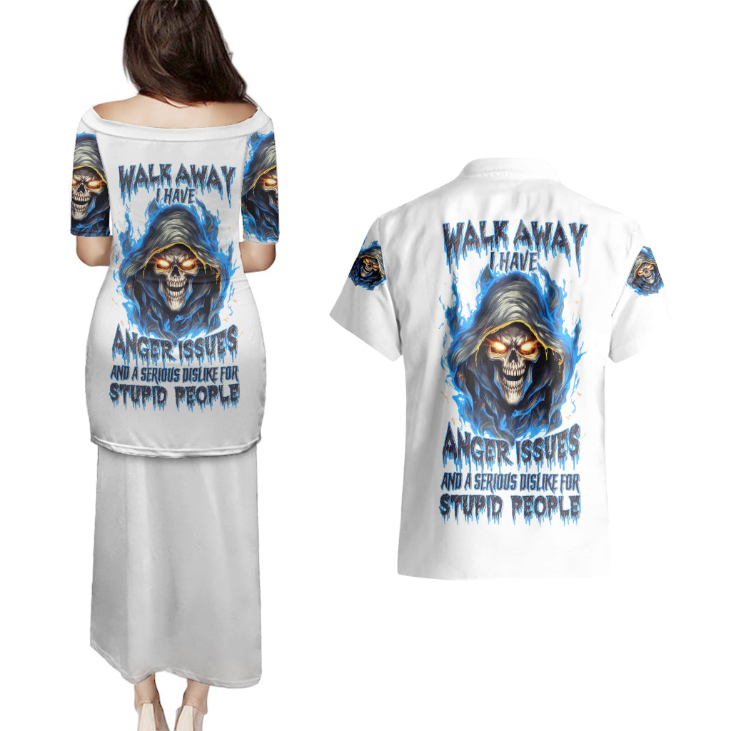 Death Skull Couples Matching Puletasi Dress and Hawaiian Shirt Walk Away I Have Anger Issues And Dislike For Stupod People - Wonder Print Shop